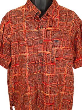 Tanoa Barkcloth Shirt Mens Size 2XL Orange Camp Tiki All Over Print Abstract